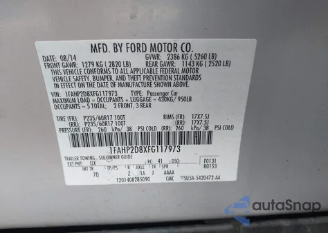 2015 Ford Taurus Se из США, поврежденный, VIN 1FAHP2D8XFG117973